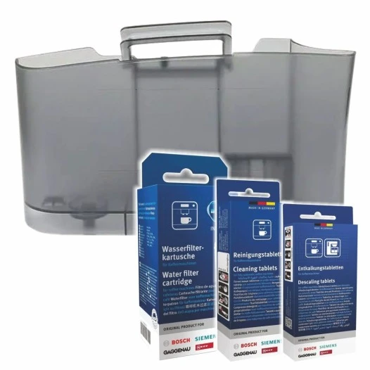 Set di manutenzione Bosch per macchina da caffè: serbatoio dell'acqua + filtro per l'acqua + decalcificante + detergente 11010303